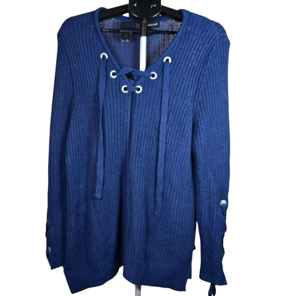 Lane Bryant Sweater Womens 14 16 Cable Knit Blue Lace Up Viscose Stretch